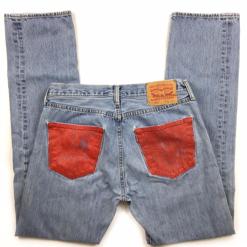 Levi's 501 32 x 34 embellished red pockets faded boho distressed festival button - Picture 4 of 4
